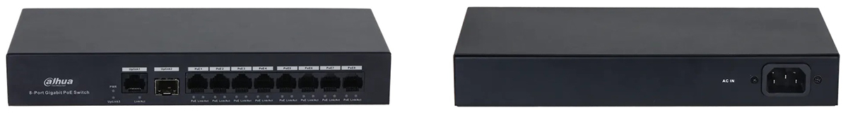 سوئیچ شبکه داهوا مدل PFS3110-8GT-65، نمای روبه‌رو و پشت آن